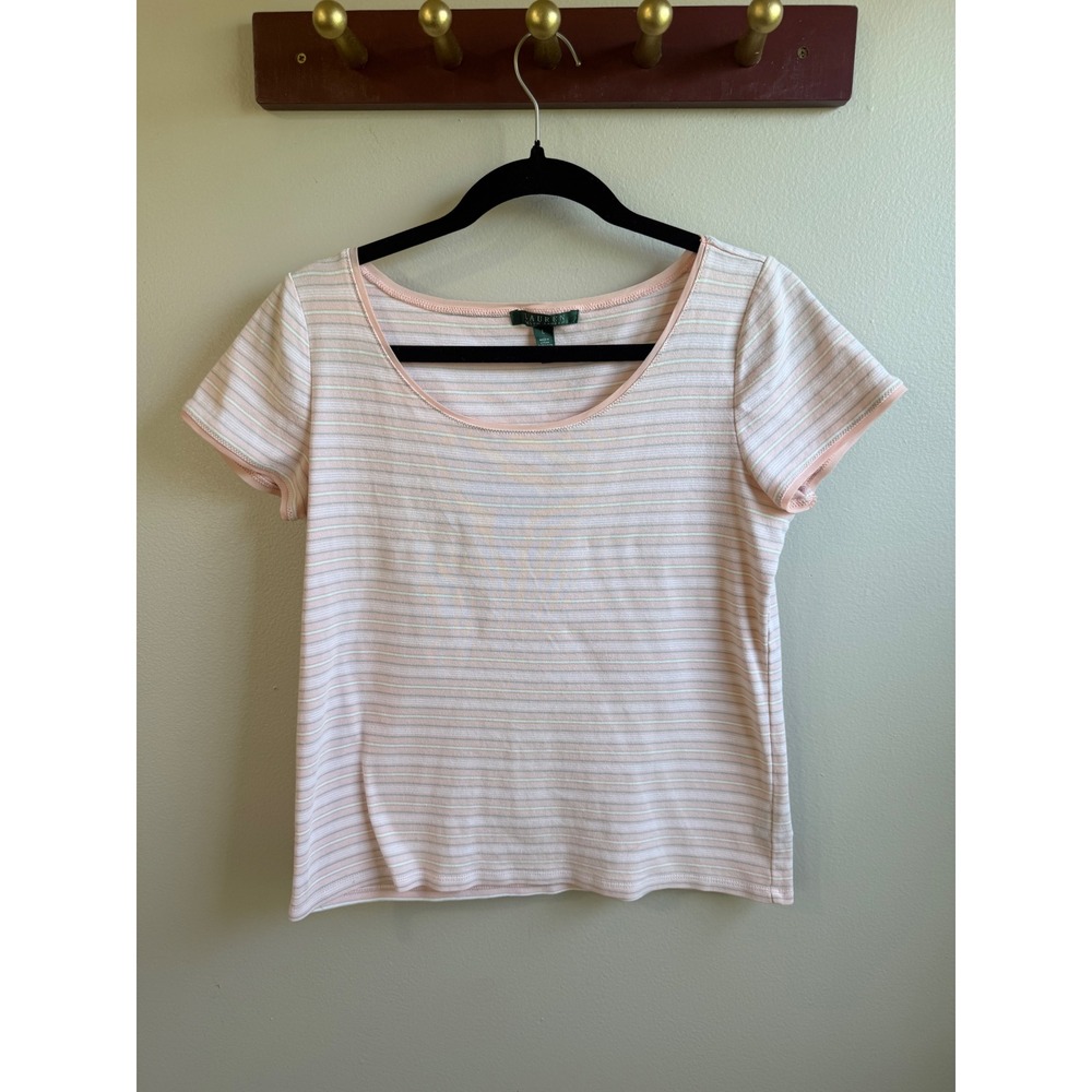 Lauren Ralph Lauren Pink Striped Cotton Scoop Neck Short Sleeve Tee Large